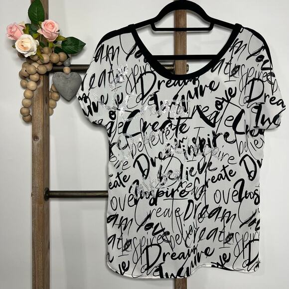 Joseph Ribkoff Tops - Joseph Ribkoff Short Sleeve Black White Sequin Graffiti Print Tee Size 4